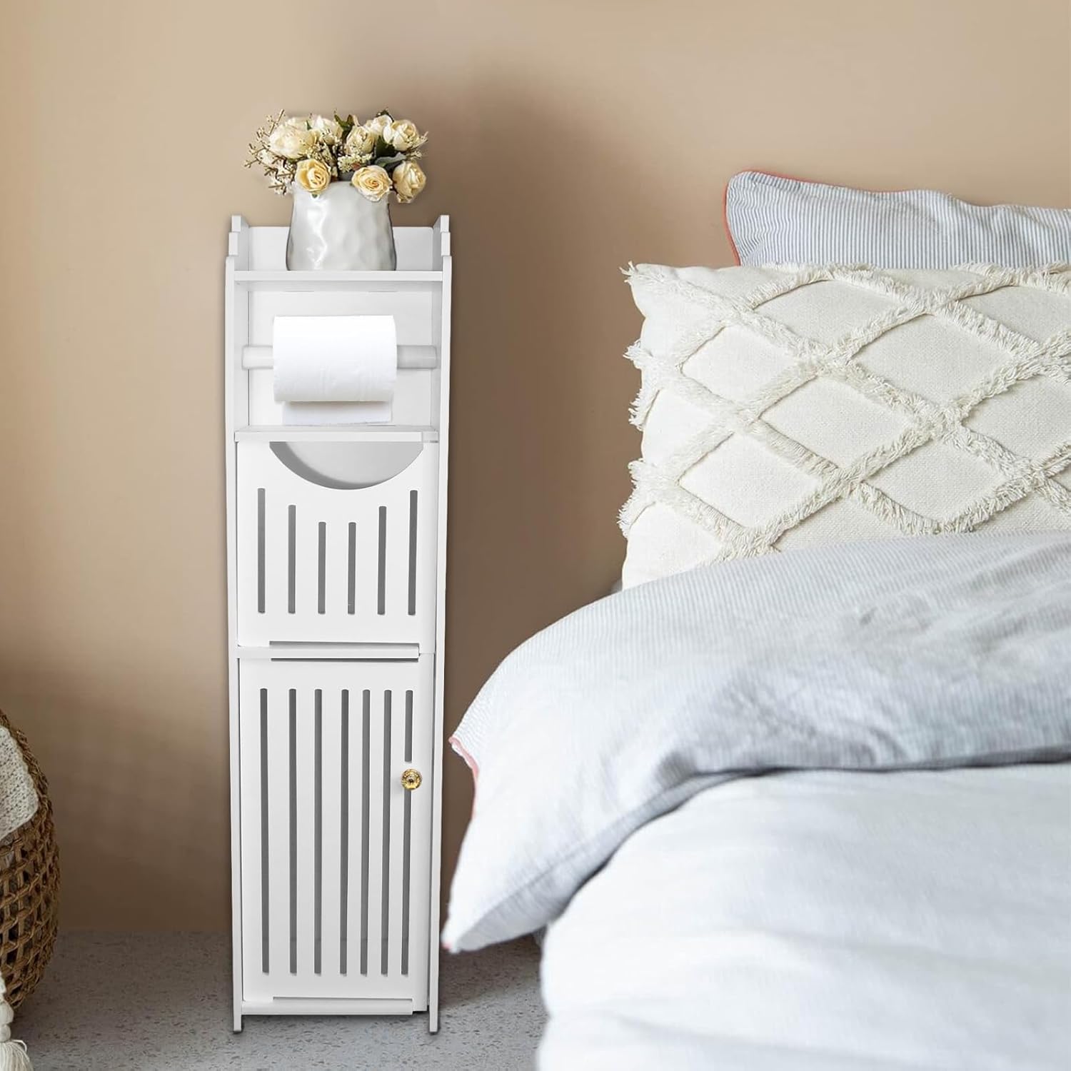 White Narrow Bathroom Storage Cabinet with Toilet Paper Holder T352