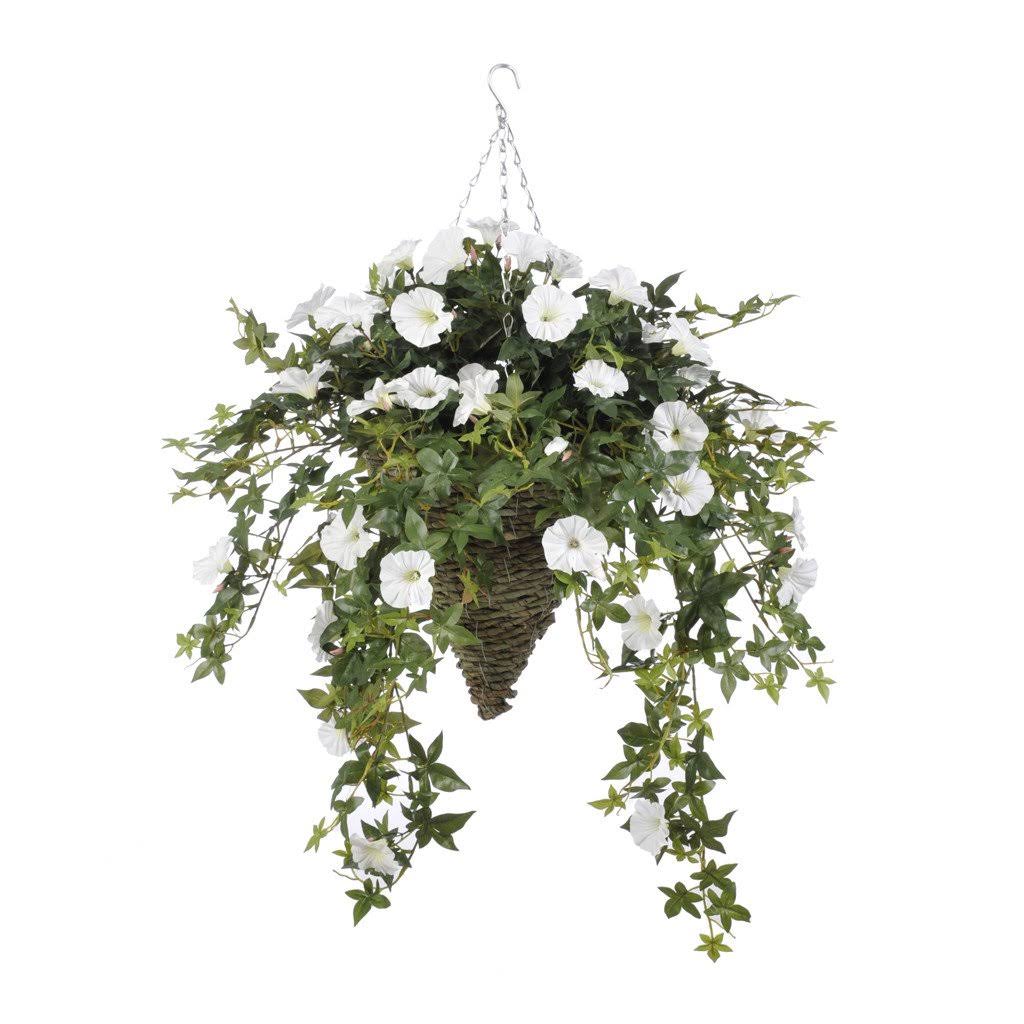 Artificial Morning Glory Hanging Plant in White Basket Z16204