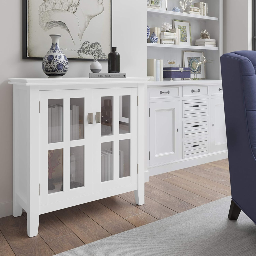White 30 inch Solid Wood Low Storage Cabinet with 2 Tempered Glass Doors and 2 Adjustable Shelves R836233