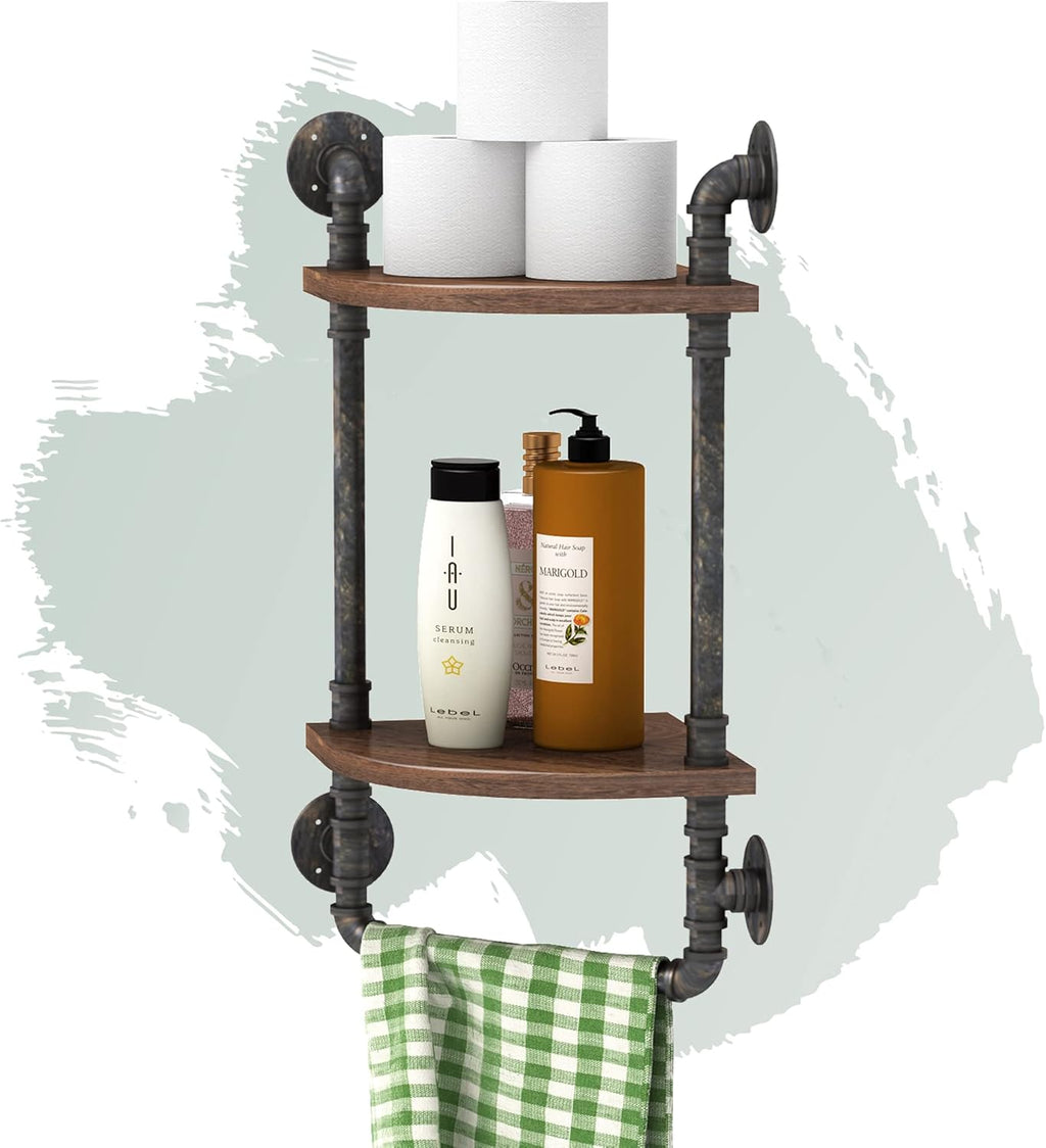 Industrial Pipe Corner Shelves, Rustic Wall Mount 2-Tiers Towel Racks with Towel Bar, Metal Bookcase, Real Wood Storage Shelving O115948