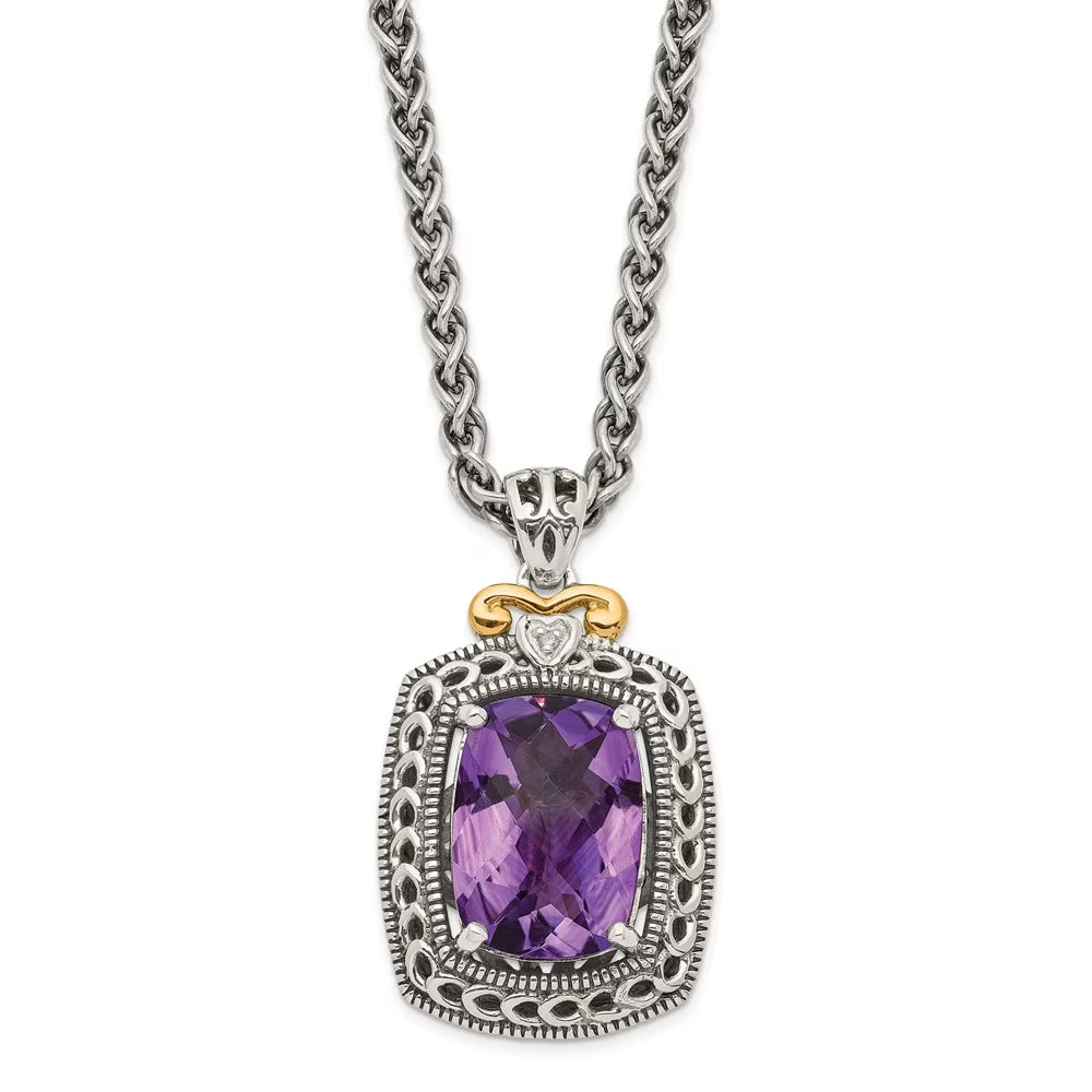 Sterling Silver Gold Diamond Amethyst Necklace M927