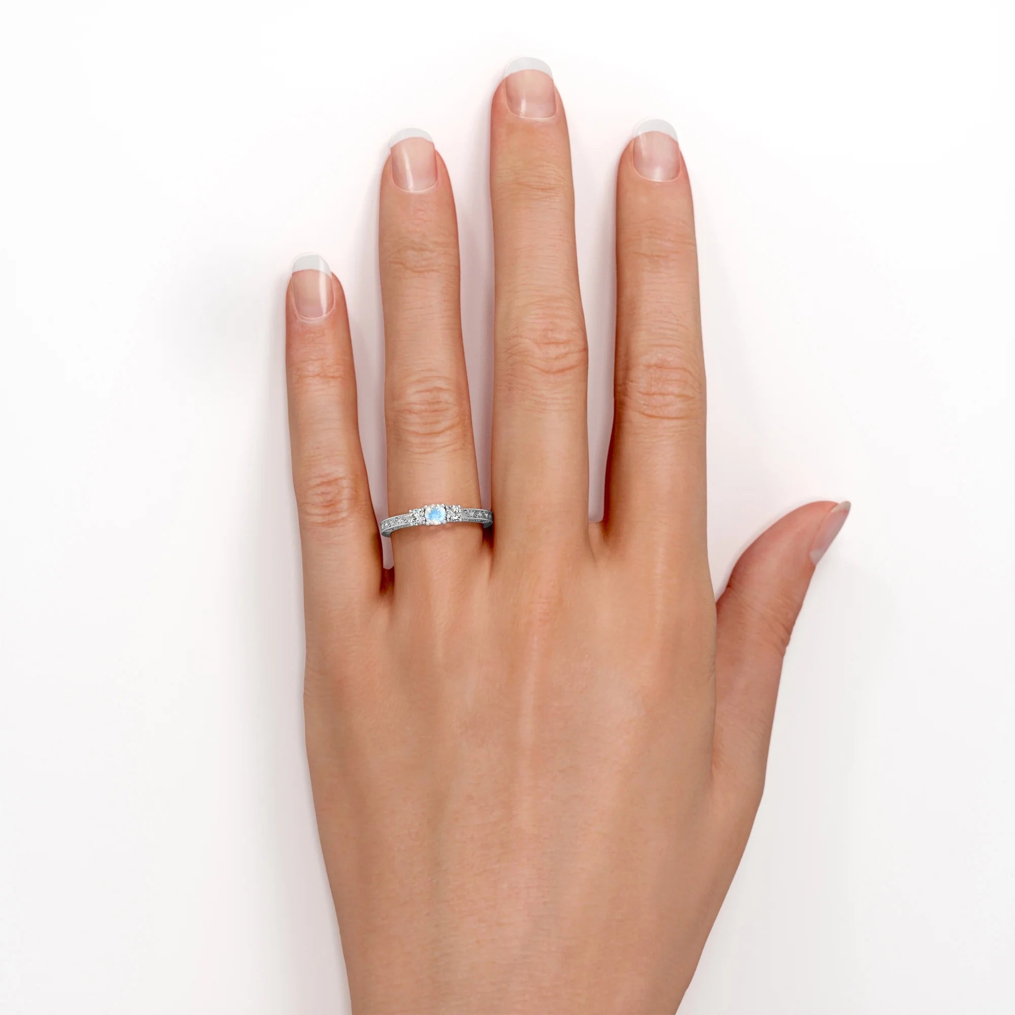 18K White Gold Plated Rainbow Moonstone and Moissanite Engagement Ring G34915