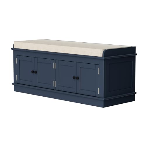 White 43.7" Storage Drawers and 2 Cabinets Shoe Bench with Removable Cushion N607890