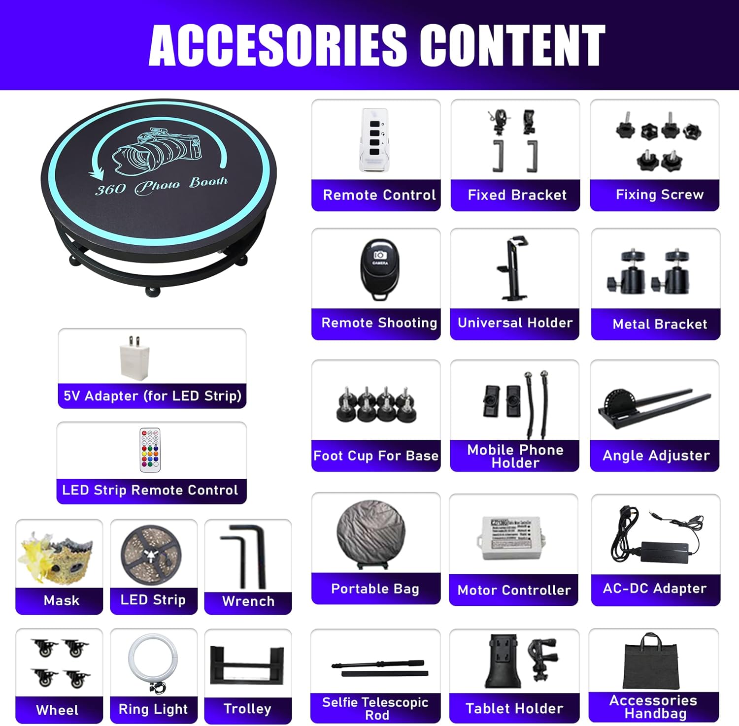 360 Photo Booth Machine with Ring Light Selfie Holder, 26.8” Platform Spinner with Trolly E3486