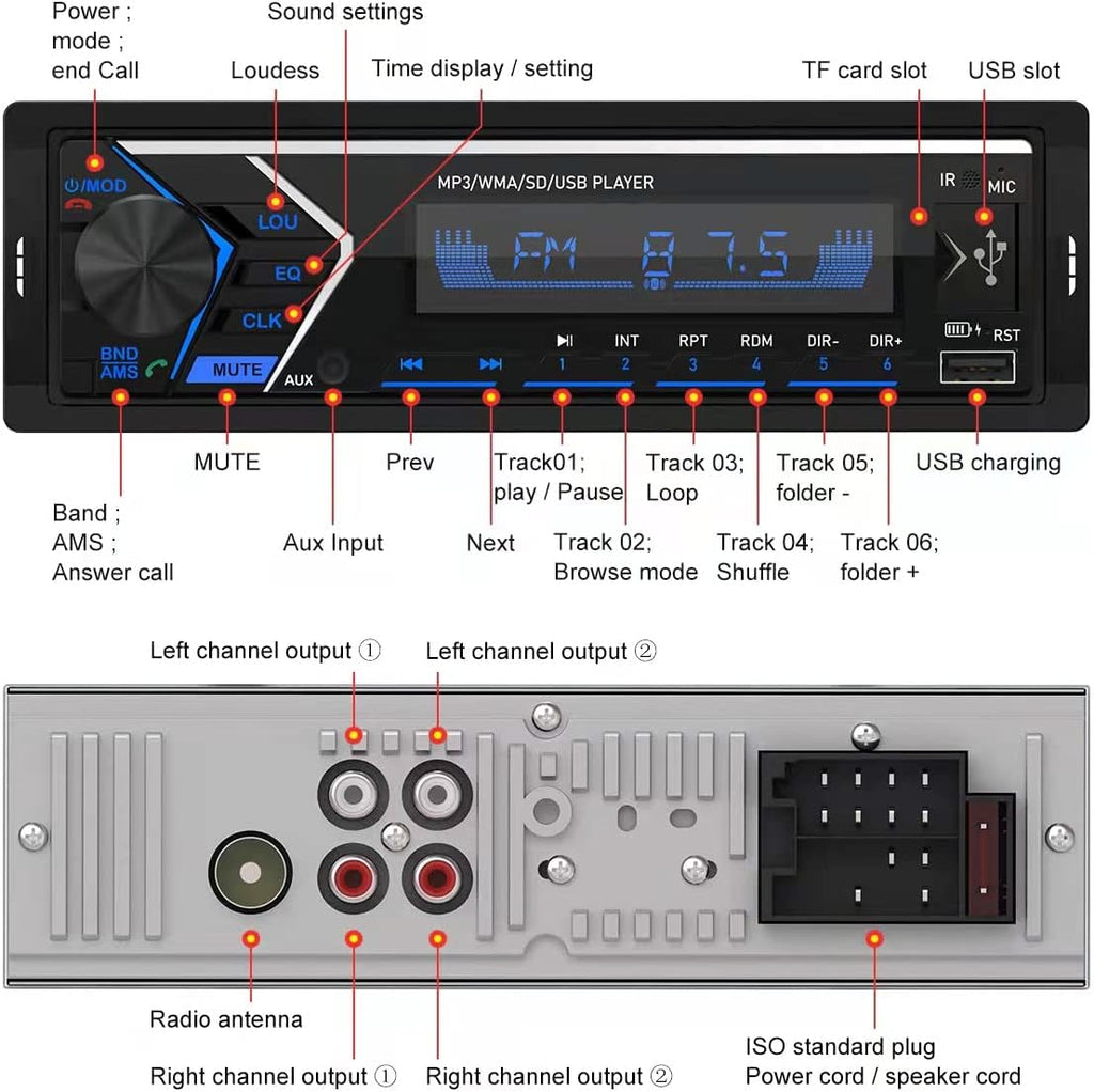 Single Din Bluetooth Car Stereo with USB SD Card AUX Remote Control D951