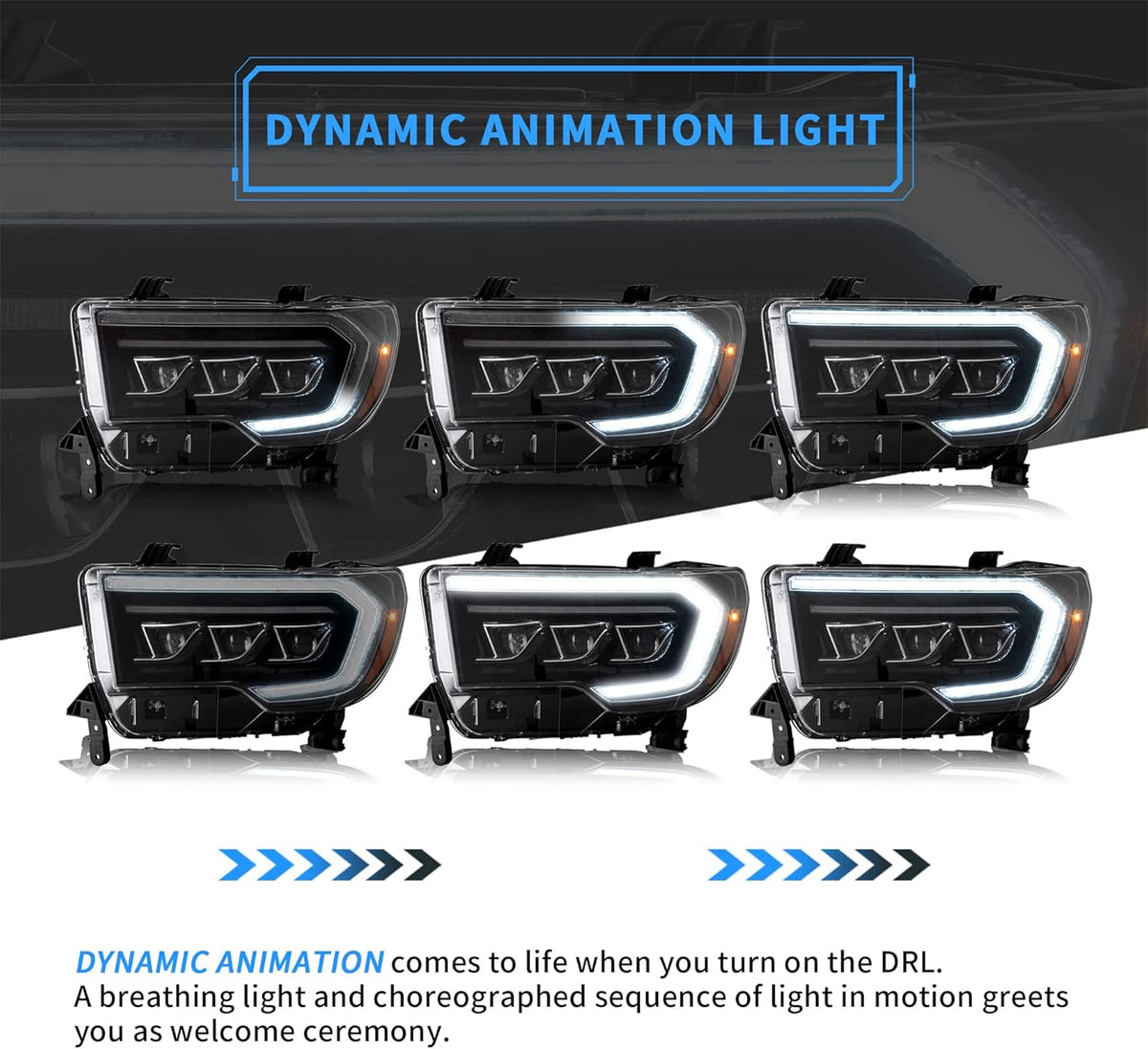 Projector LED Headlights with Sequential Turn Signal, DRL Black Trim Panels U8991