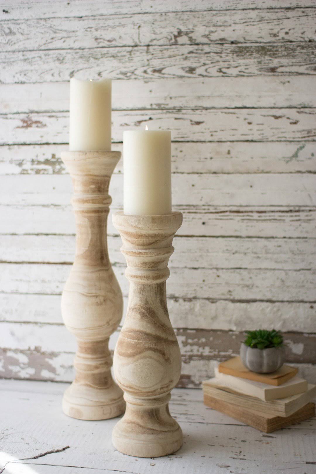 Hand Carved Wooden Candle Stands, Set of 2 V1073