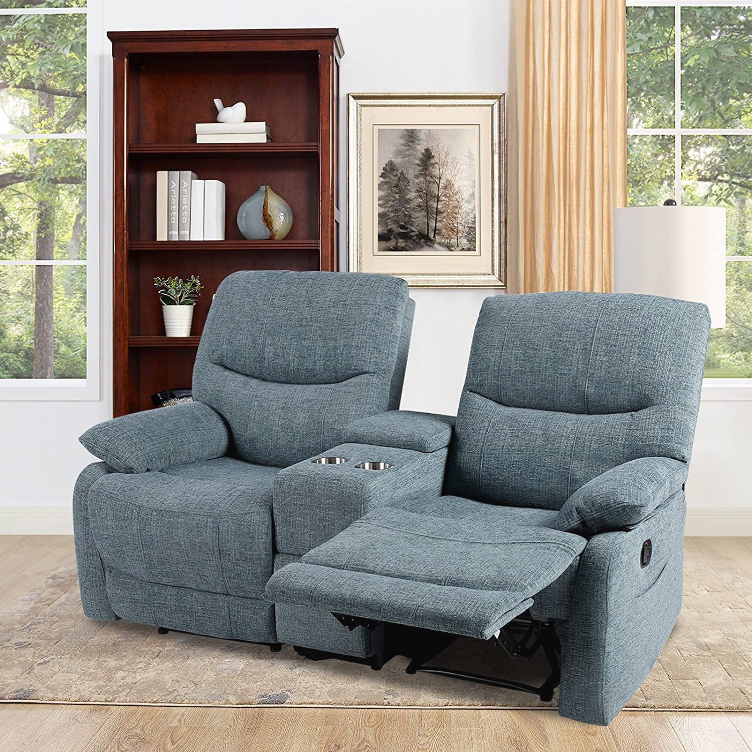 Fabric Reclining Sofa with Console and Cup Holders Y6199