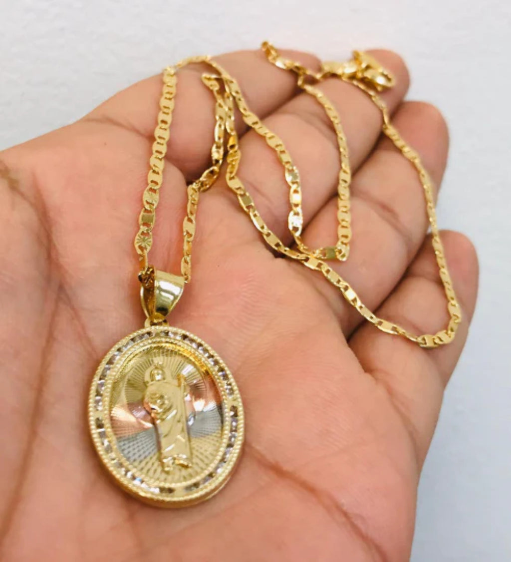 14K Gold Filled San Judas Necklace Tri-Color with CZ Stones 20" 28x20mm N739