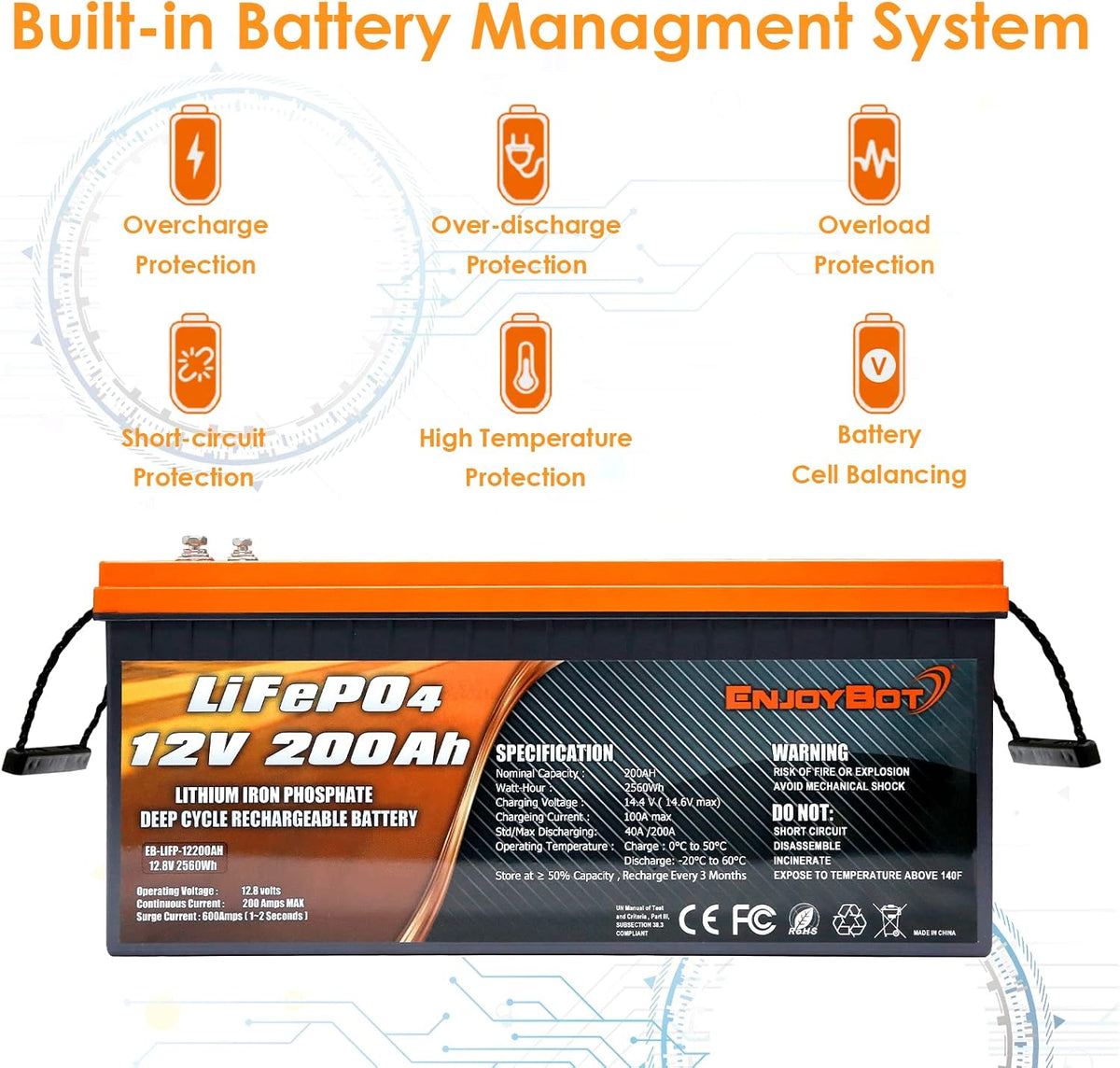 LiFePO4 12V 200Ah Lithium Iron Phosphate Battery with 200A BMS L1456