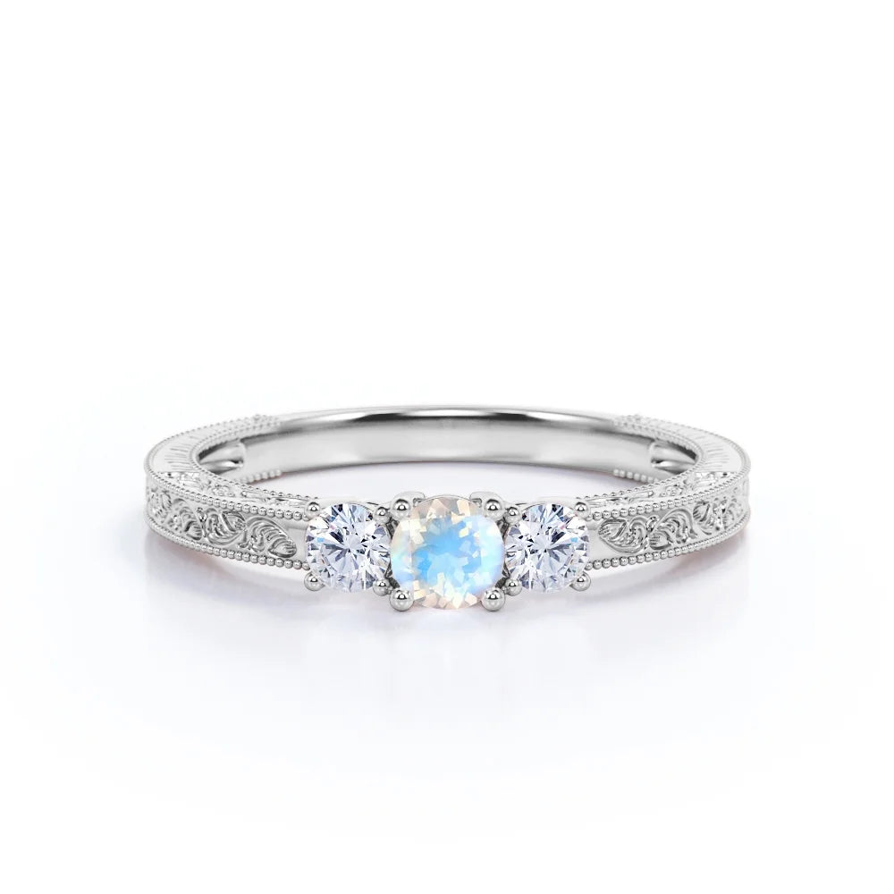 18K White Gold Plated Rainbow Moonstone and Moissanite Engagement Ring G34915