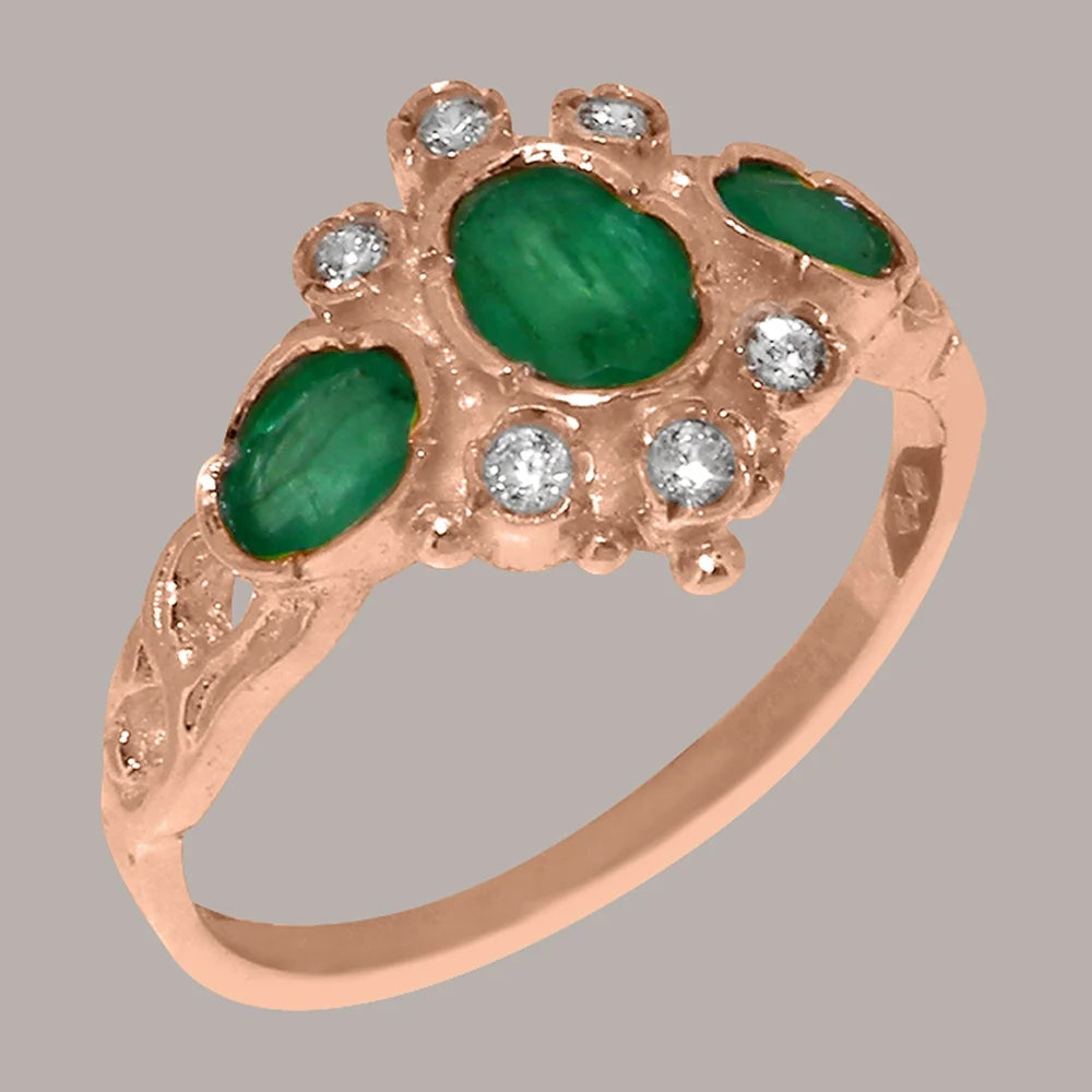 14k Rose Gold Natural Emerald & Diamond Ring V196