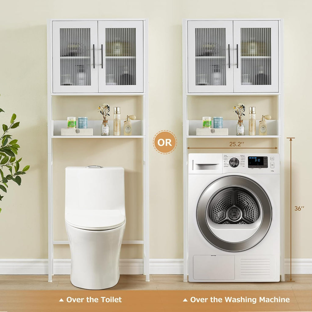 White Over The Toilet Storage Cabinet with Glass Doors and Adjustable Shelves G7045