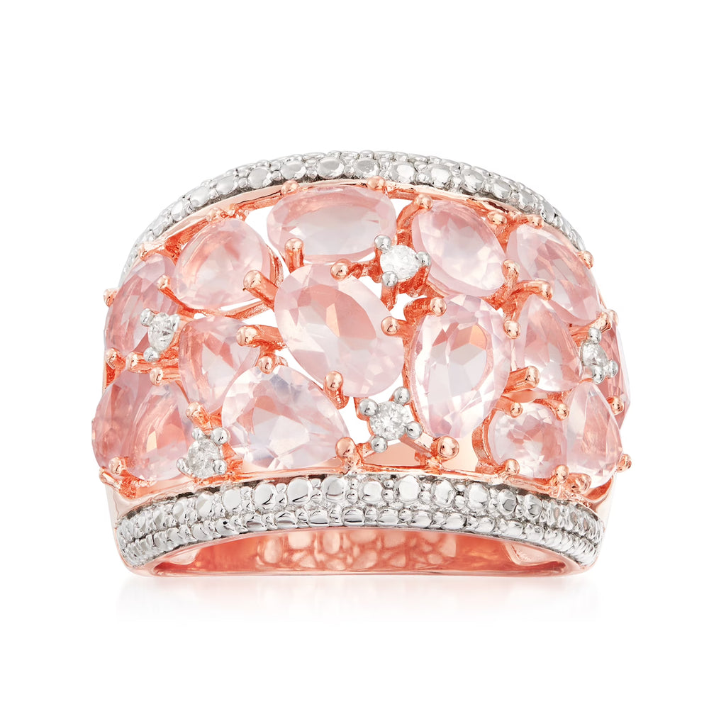Rose Quartz Dome Ring With Diamonds in Rose Sterling Silver P135