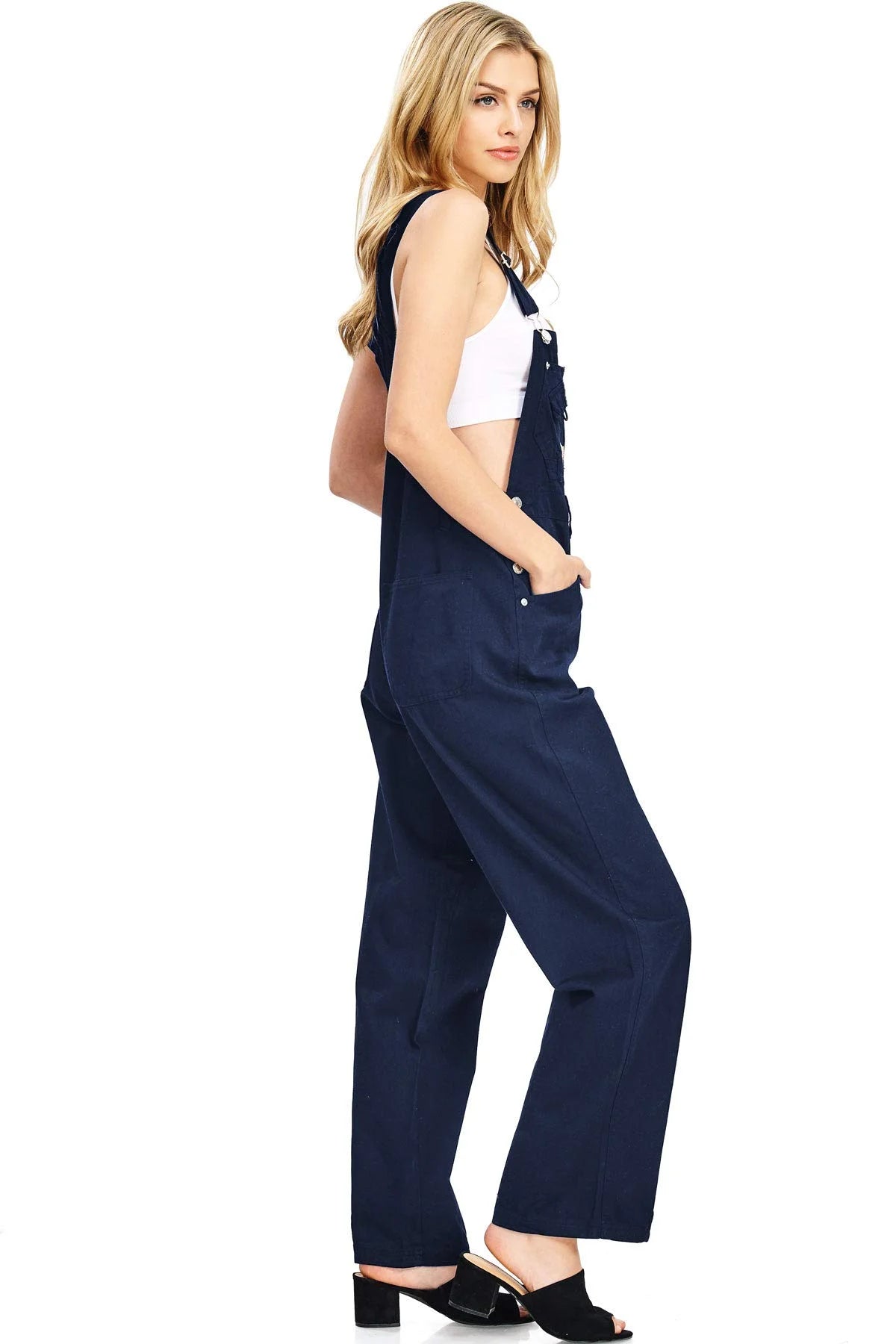Navy Blue Baggy Straight Leg Twill Overalls C938529