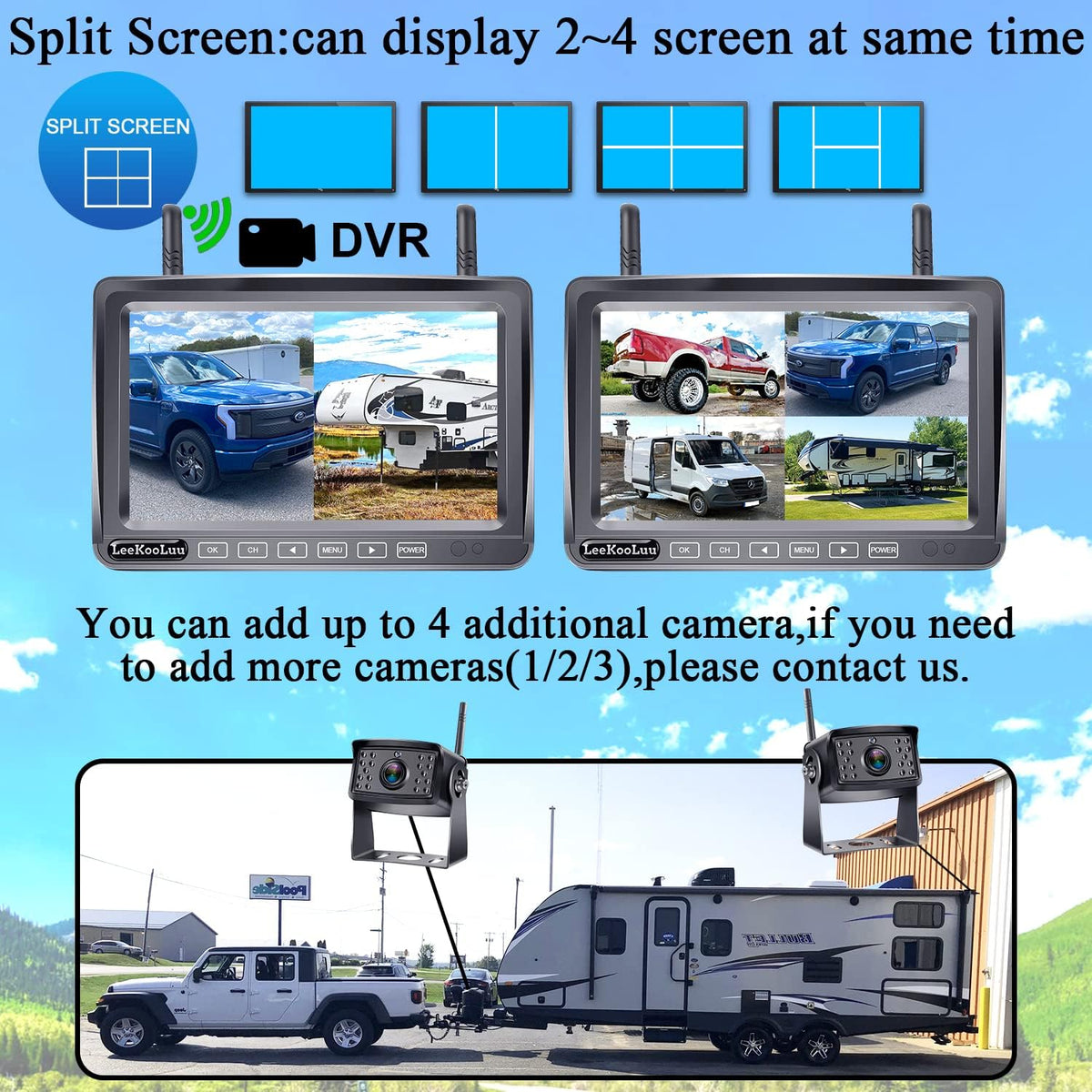 Wireless Backup Camera 7 Inch Monitor Recorder DVR Split Screen Four Channels Waterproof Night Vision Rear View System D936100