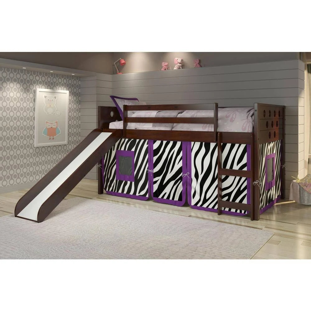 Twin Circles Low Loft with Slide and Zebra Tent Kit in Dark Cappuccino Finish G98794