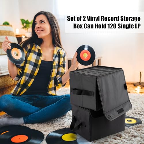 7-inch Vinyl Record Storage Box, Nylon Foldable Set of 2 with Lid and Handle C20639