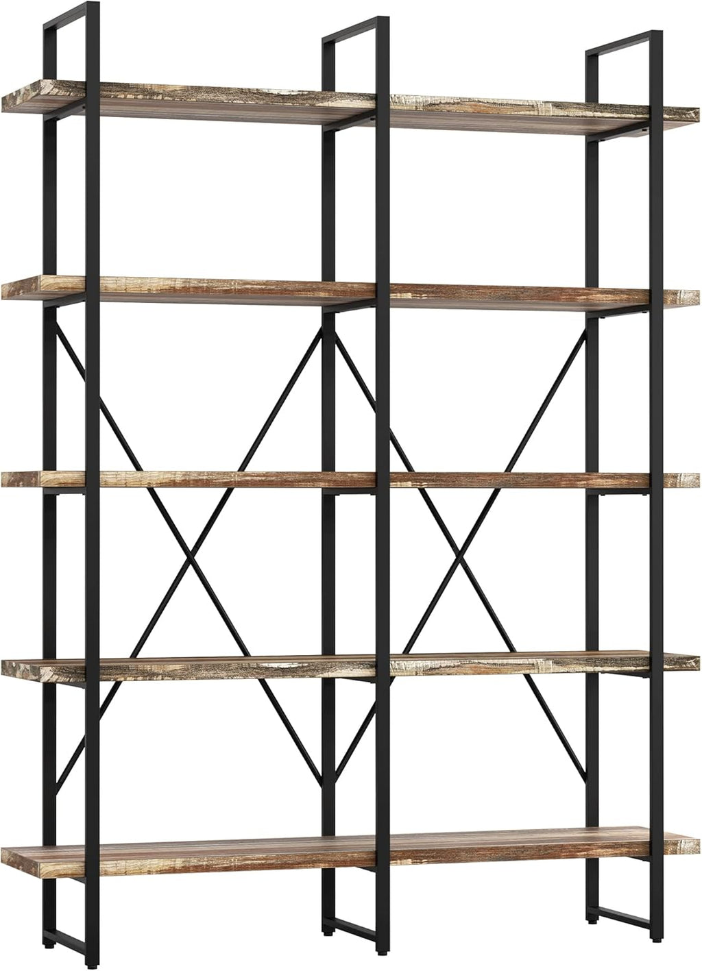 Industrial Bookshelf and Bookcase Double Wide 5 Tier, Rustic Brown L5815
