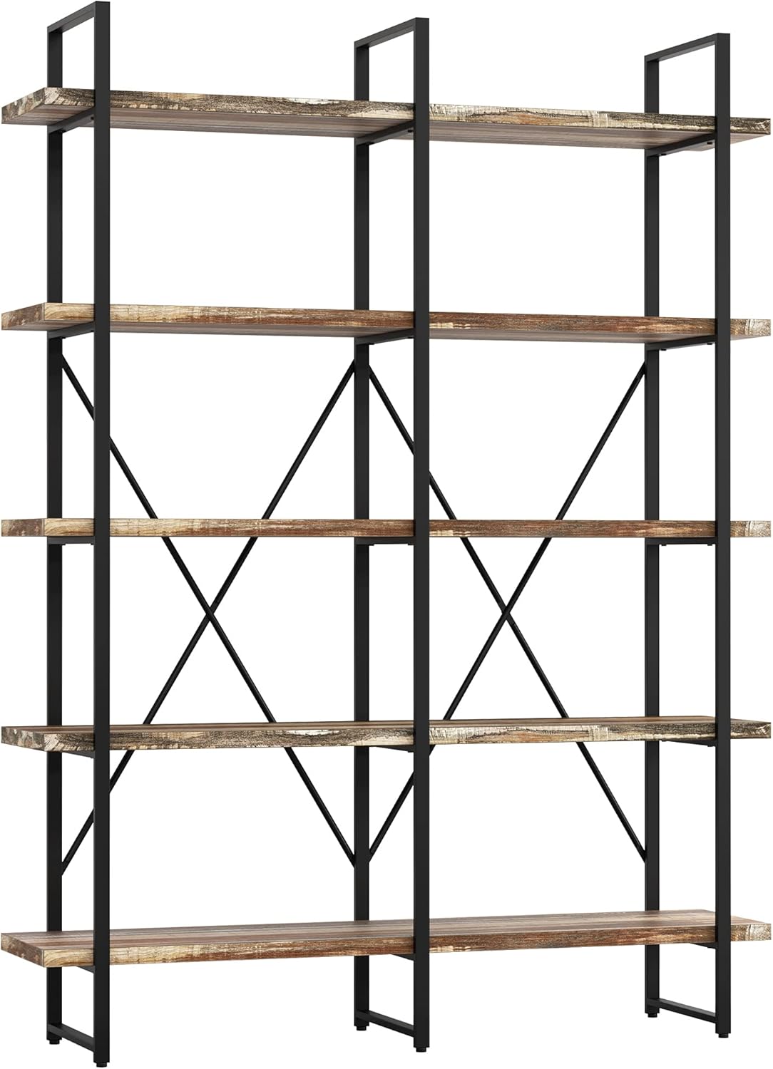 Industrial Bookshelf and Bookcase Double Wide 5 Tier, Rustic Brown L5815