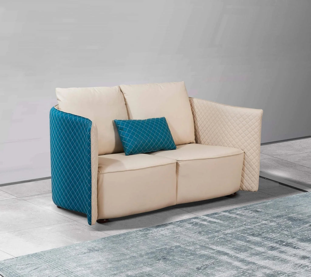 Beige & Blue Leather Loveseat W96206