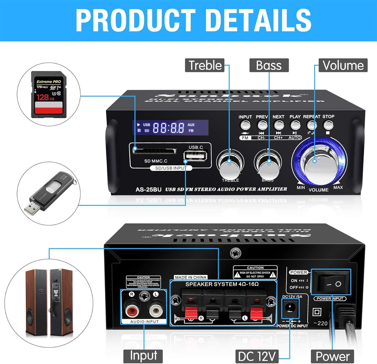 180W Wireless Bluetooth Stereo Amplifier with Remote Control W29433