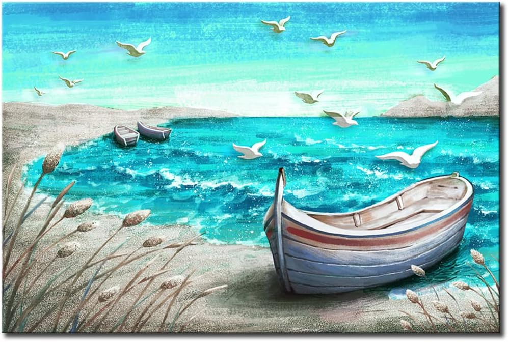 Canvas Wall Art Abstract Ocean Boat Painting Seascape Picture Prints Stretched and Framed 16x24Inch M4596