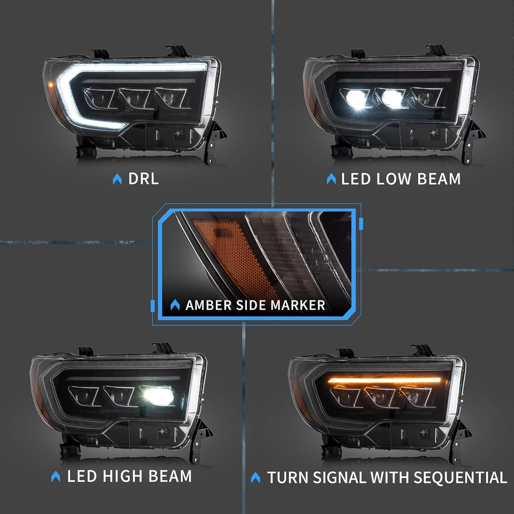 Projector LED Headlights with Sequential Turn Signal, DRL Black Trim Panels U8991