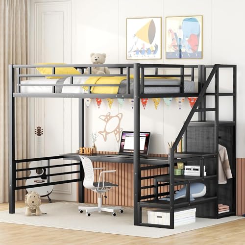 Full Size Metal Loft Bed with Desk and Wardrobe D429379