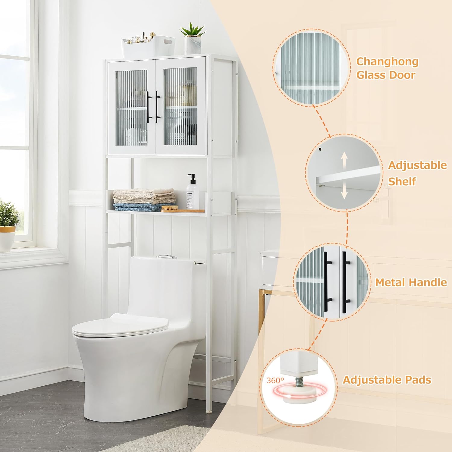 White Over The Toilet Storage Cabinet with Glass Doors and Adjustable Shelves G7045