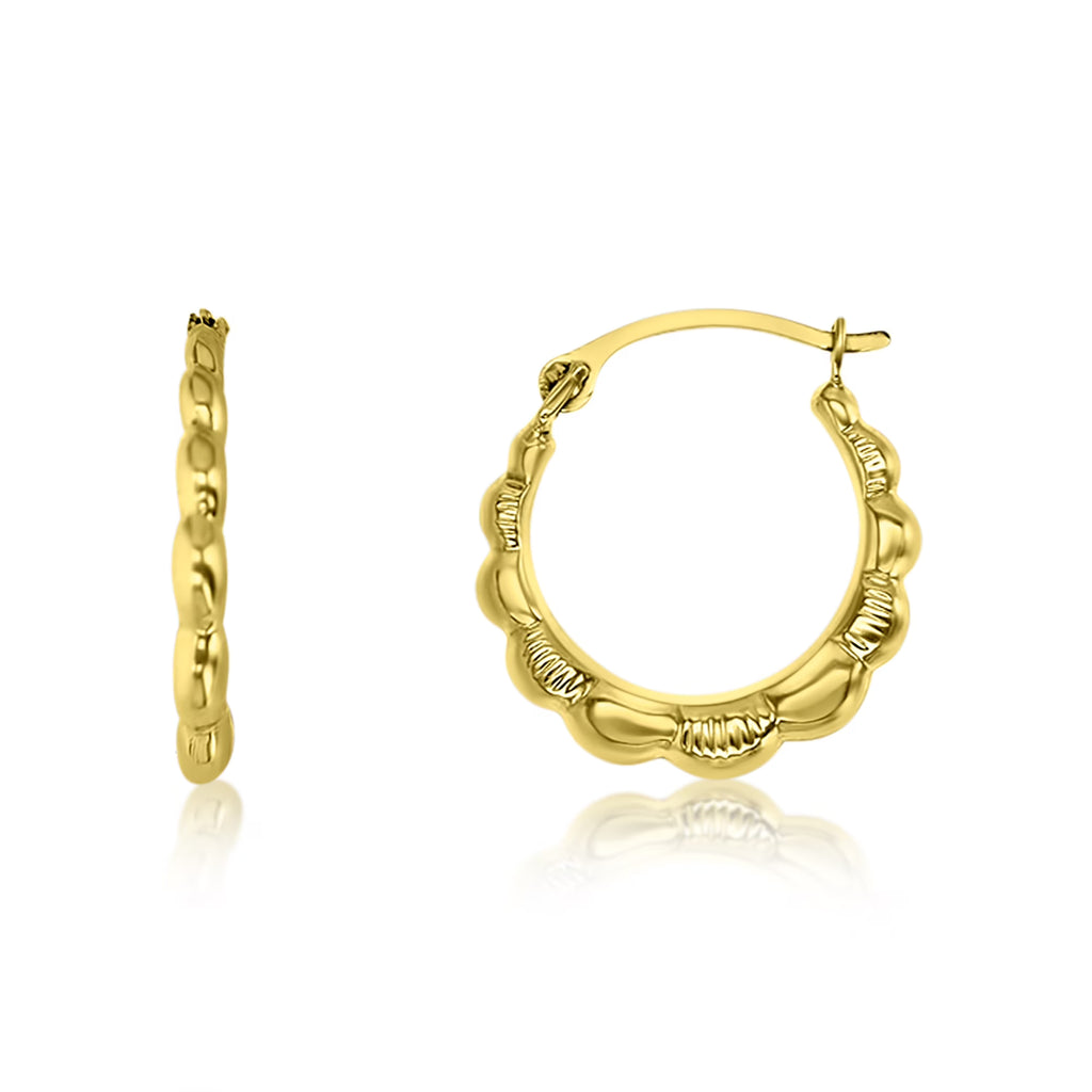14K Yellow Gold Textured Diamond Cut Flower Design Hoop Earring E121078