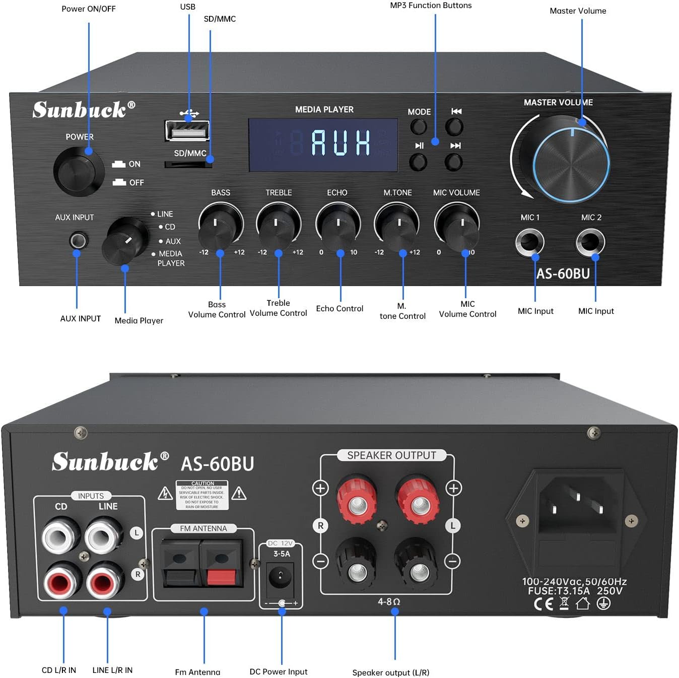 180W Wireless Bluetooth Stereo Amplifier with Remote Control W29433