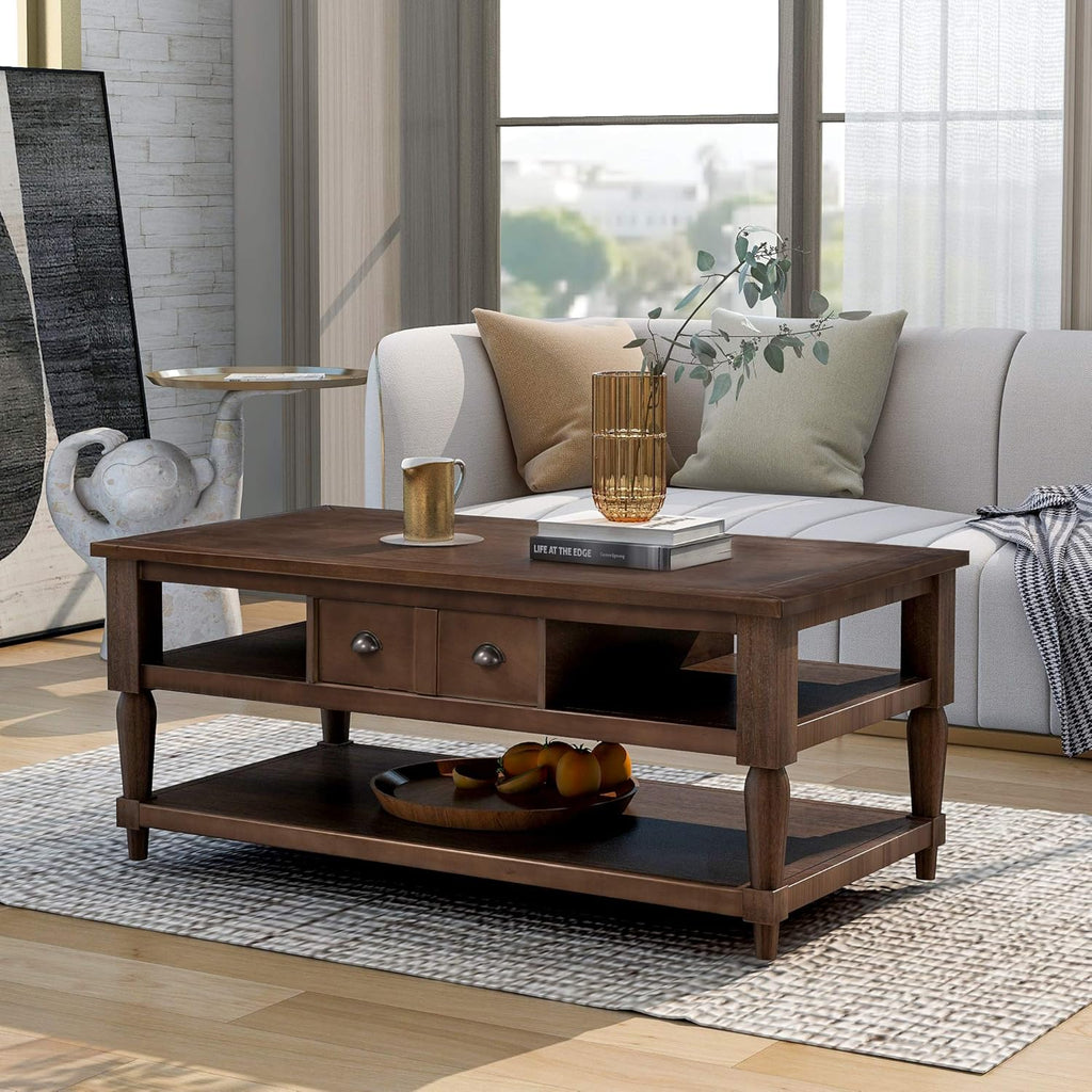 Retro Cocktail Table Coffee, Solid Wood Coffee Table with Caster Wheels and Drawer, 1 Shelf, Wood Movable Rectangle Coffee Table Y5992