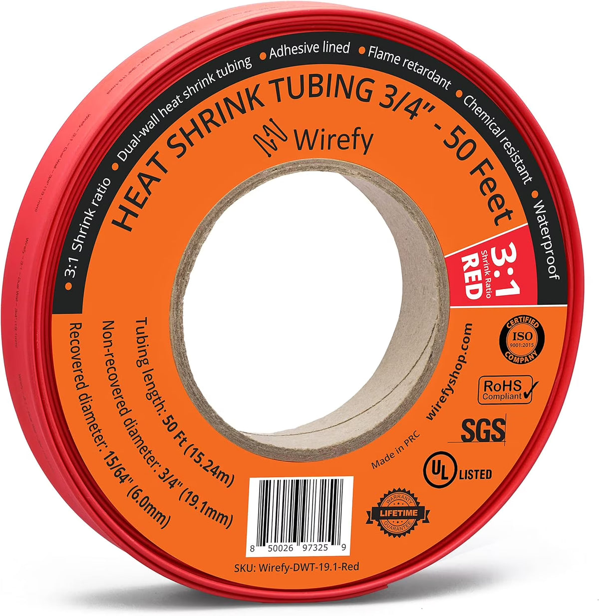 3/4" 3:1 Ratio Adhesive Lined Heat Shrink Tubing Red 50 Feet Roll L2973