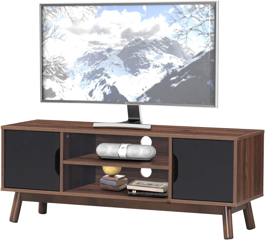 White Wooden TV Stand with 2 Cabinets & 2 Open Shelves T8406