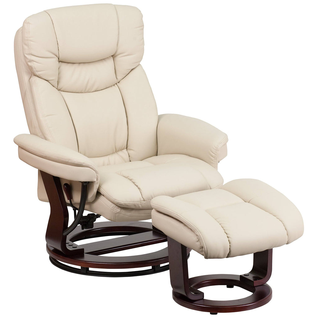 Beige Multi Position Recliner with Curved Ottoman and Swivel Wood Base I207983
