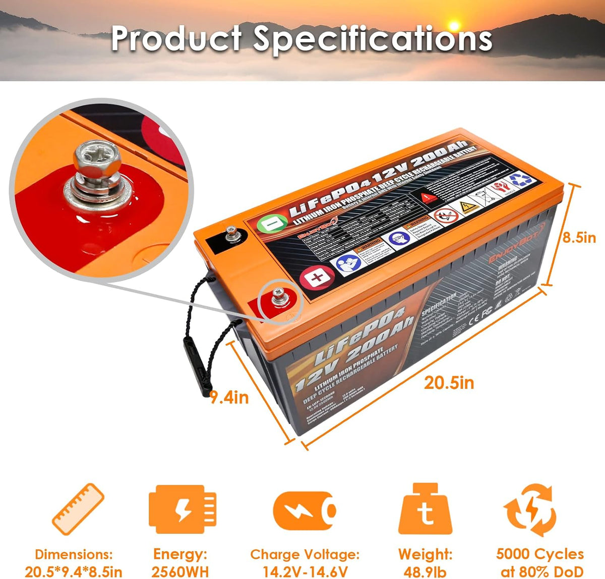 LiFePO4 12V 200Ah Lithium Iron Phosphate Battery with 200A BMS L1456