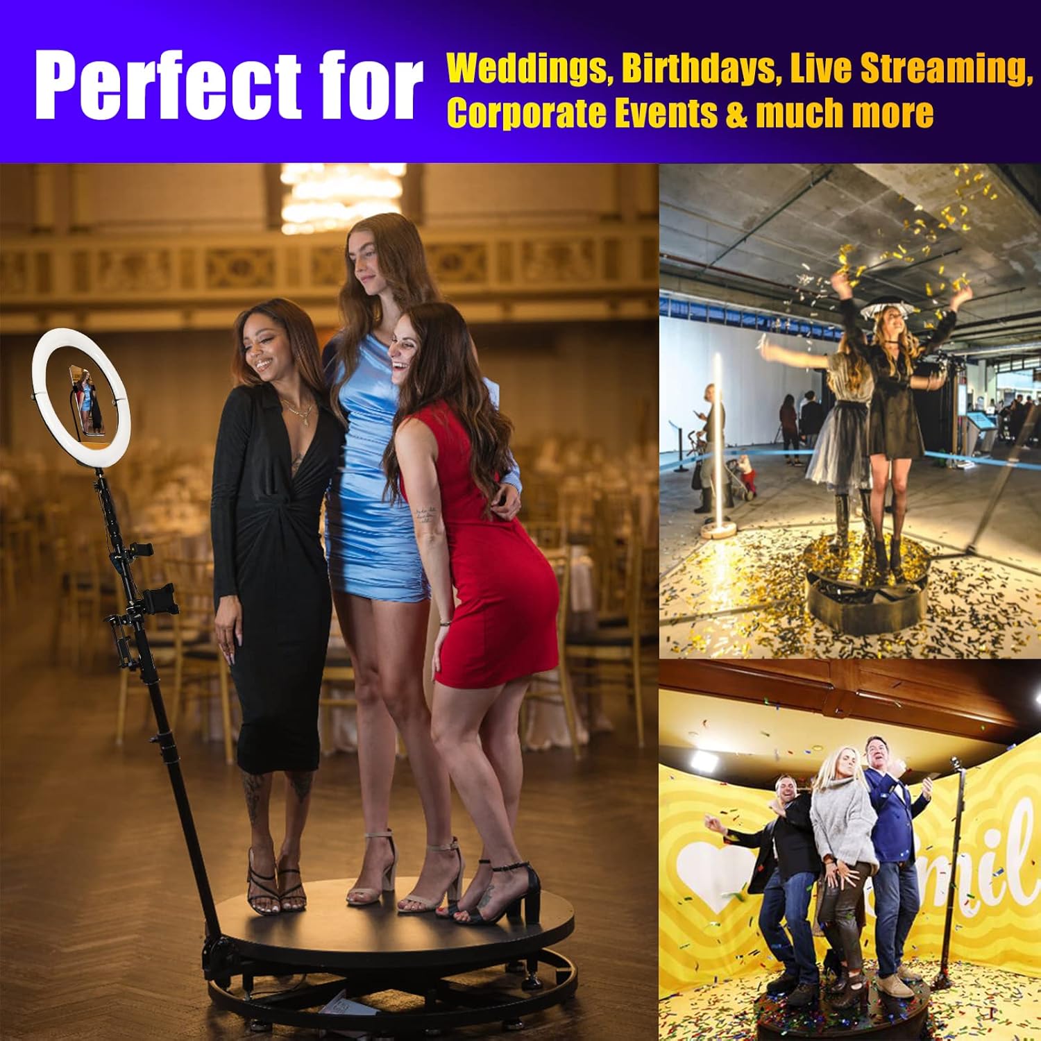 360 Photo Booth Machine with Ring Light Selfie Holder, 26.8” Platform Spinner with Trolly E3486
