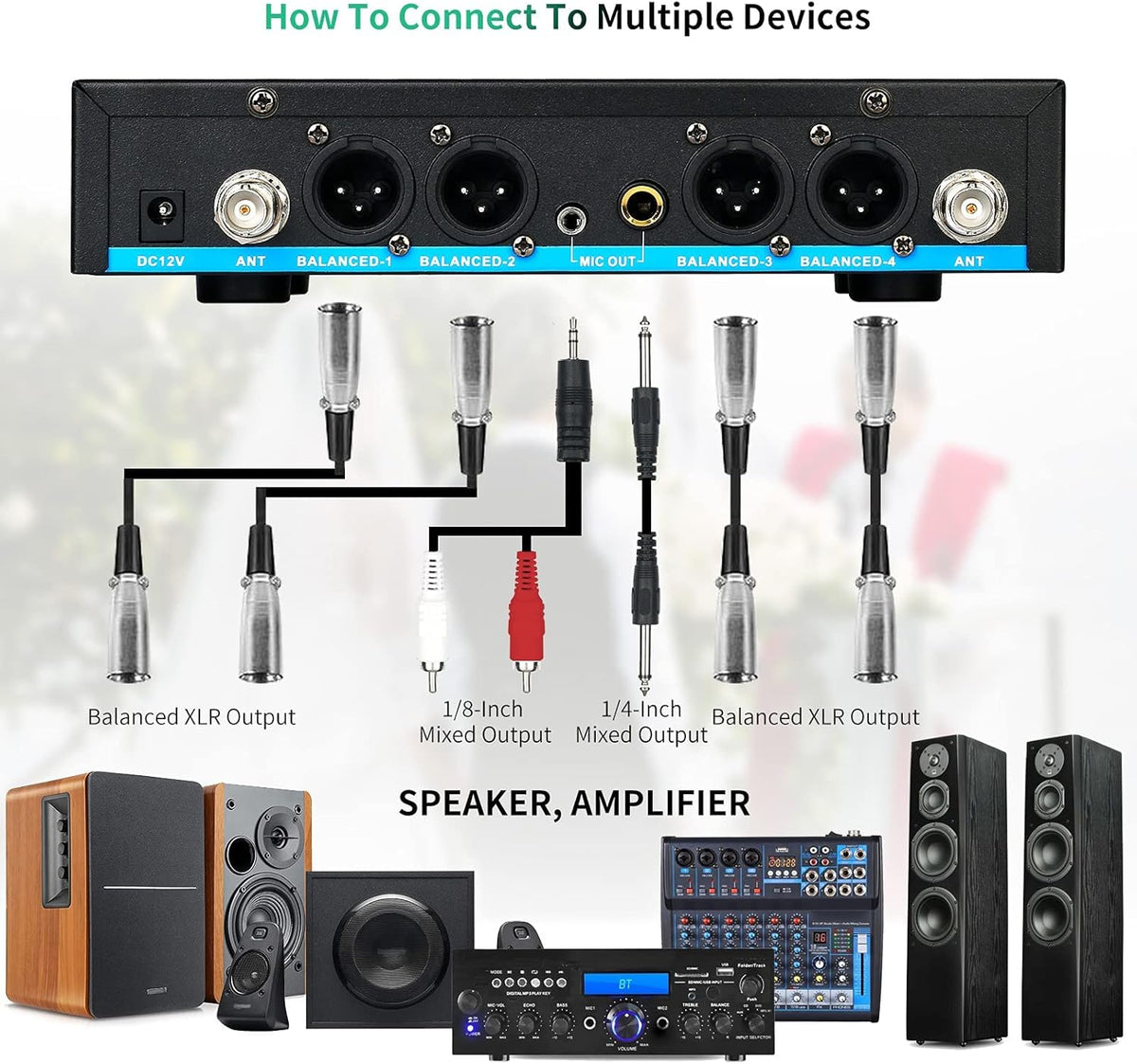 4-Channel UHF Wireless Microphone System with XLR 1/4 1/8 Output, All Metal Handheld Karaoke Cordless Microphones L80798