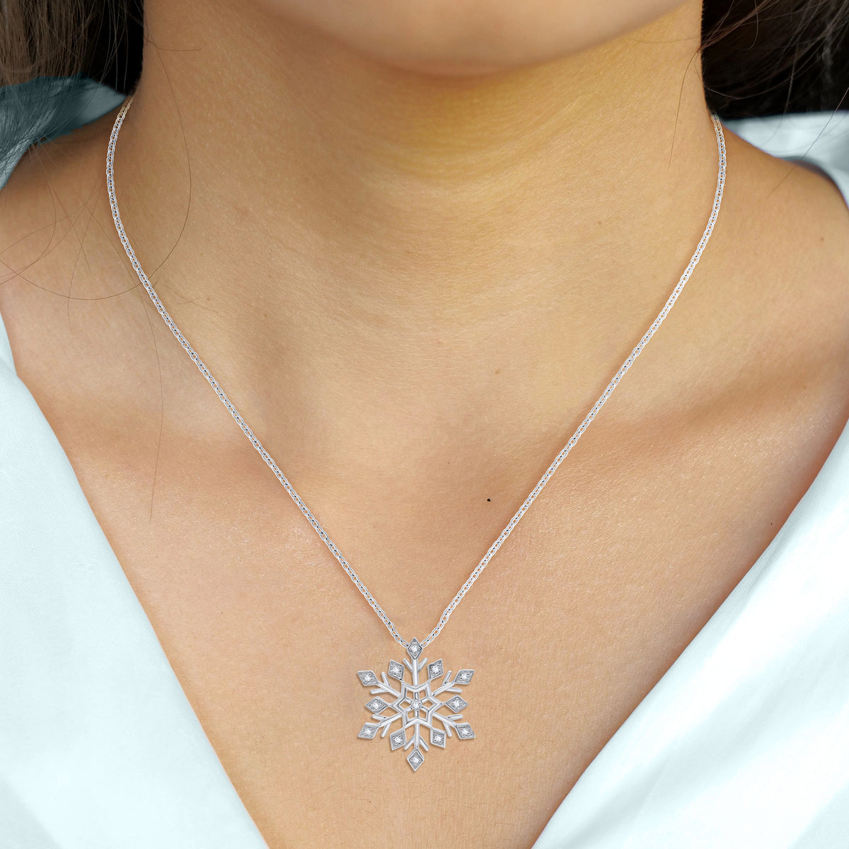 0.10 Cttw Round Cut Natural Diamond Necklace in 18K White Gold over Silver with 18" Cable Chain S9924