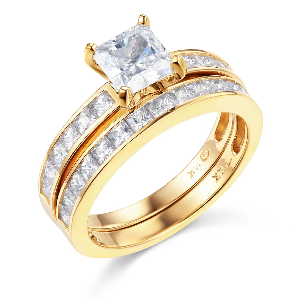 14k Yellow Gold CZ Princess Cut Engagement Ring Bridal Set - Size 9 P6742