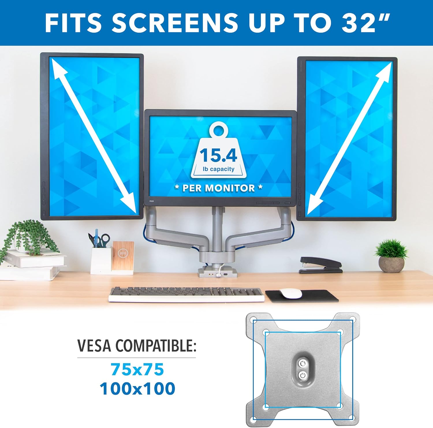 Triple Monitor Desk Mount with USB and Audio Ports, Height Adjustable for 24 27 30 32 Inch VESA Screens X17099