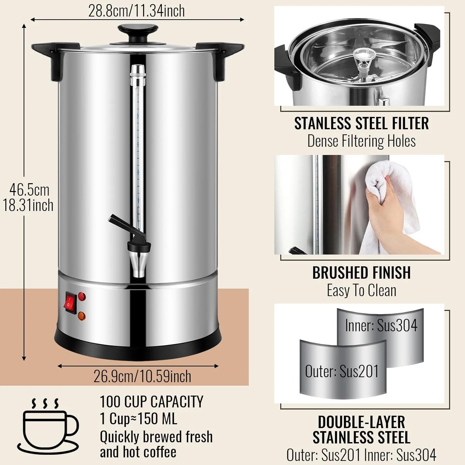 Stainless Steel Electric Coffee Urn 100 Cup 15 L W473652