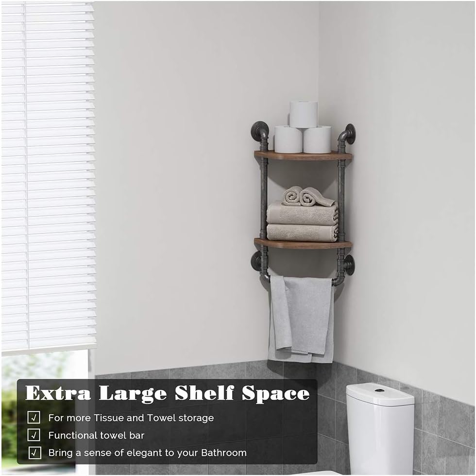 Industrial Pipe Corner Shelves, Rustic Wall Mount 2-Tiers Towel Racks with Towel Bar, Metal Bookcase, Real Wood Storage Shelving O115948