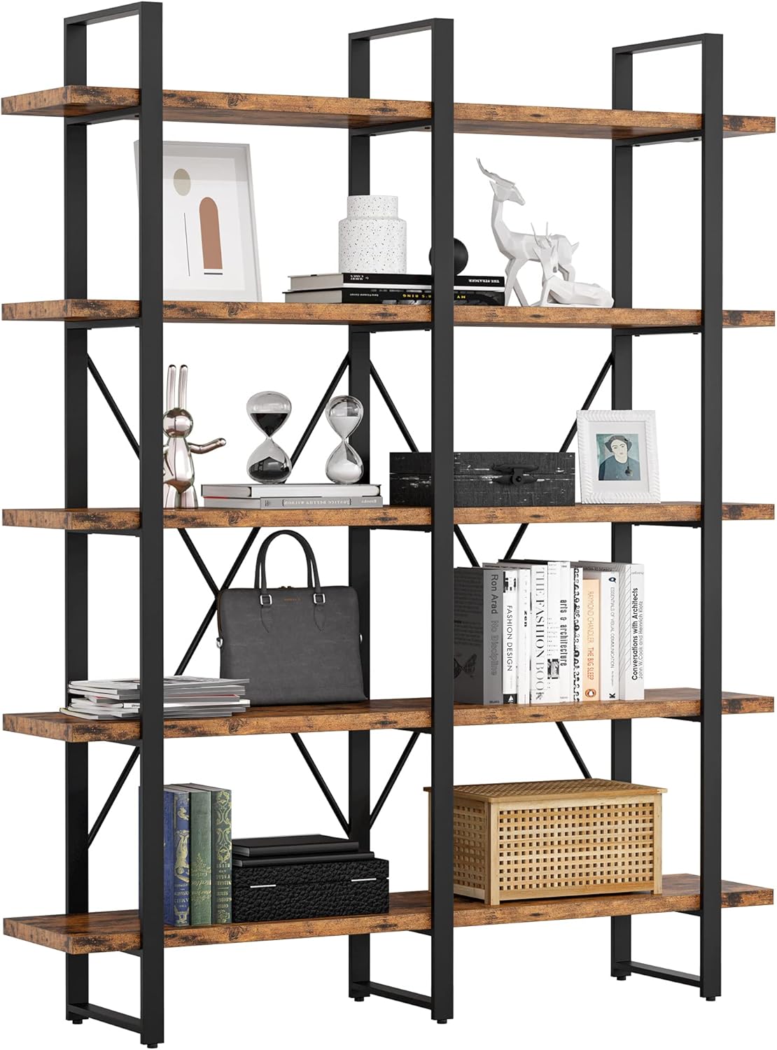 Industrial Bookshelf and Bookcase Double Wide 5 Tier, Rustic Brown L5815
