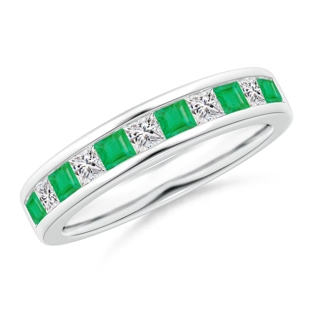 Natural Emerald & Diamond Ring in 14K White Gold, Size 10 F7561