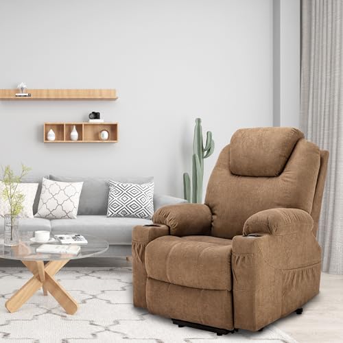 Light Brown Fabric Power Lift Recliner Chair with Heat and Massage K1212