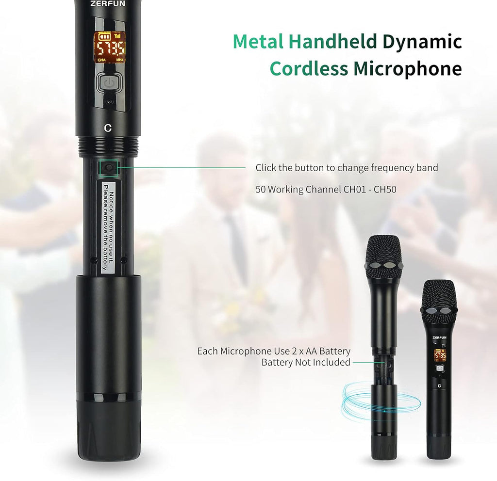 4-Channel UHF Wireless Microphone System with XLR 1/4 1/8 Output, All Metal Handheld Karaoke Cordless Microphones L80798
