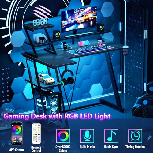L Shaped Gaming Desk with LED Lights & Power Outlet, 47 Inch Computer Desk with Extra Storage Shelves, Reversible Gamer Workstations with Monitor Stand, Carbon Fiber Black Q395