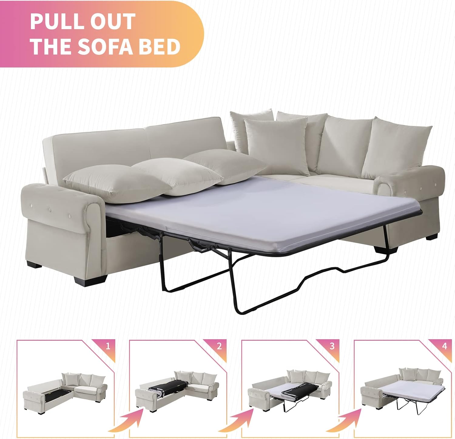 Beige Pull Out Sofa Bed with Folding Foam Mattress F97312